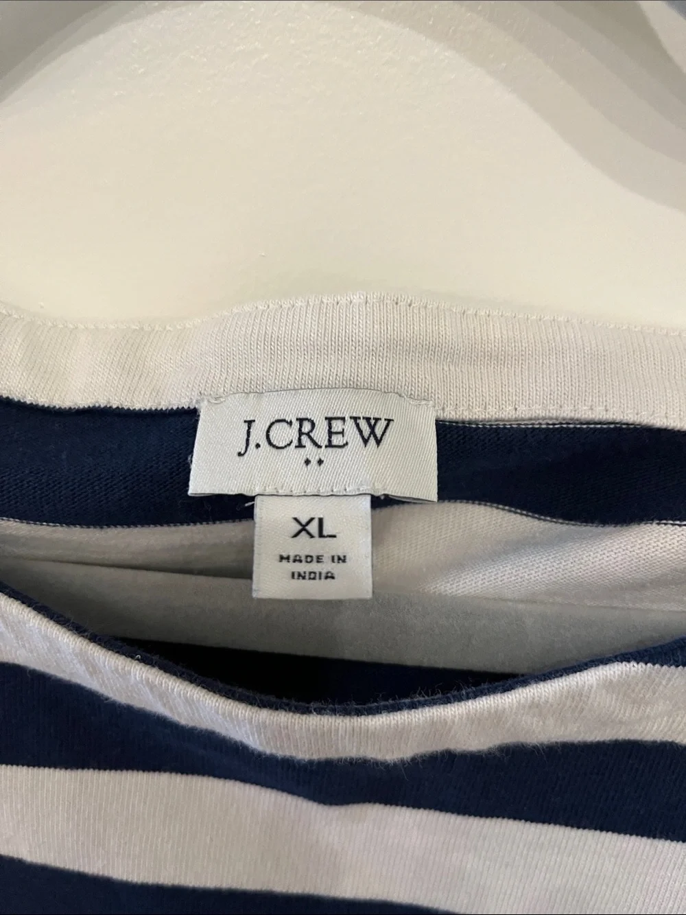 J. Crew Navy & White Striped Short Sleeve Tee with Gold Shoulder Buttons